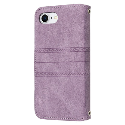 For iPhone 16e Embossed Stripes Skin Feel Leather Phone Case(Light Purple) by buy2fix