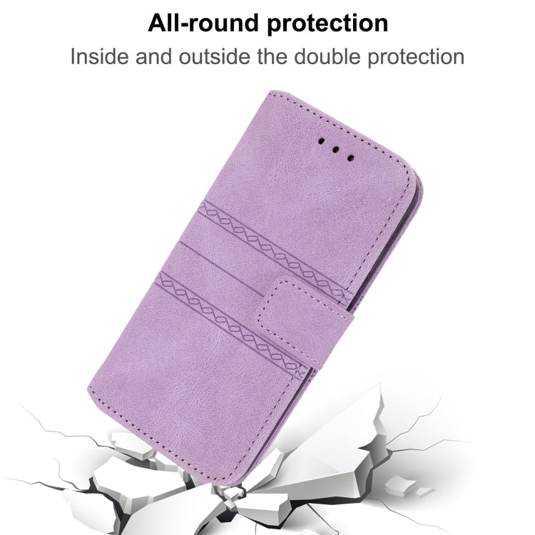 For iPhone 16e Embossed Stripes Skin Feel Leather Phone Case(Light Purple) by buy2fix