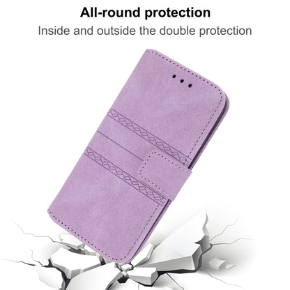 For iPhone 16e Embossed Stripes Skin Feel Leather Phone Case(Light Purple) by buy2fix