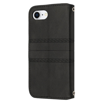 For iPhone 16e Embossed Stripes Skin Feel Leather Phone Case(Black) by buy2fix