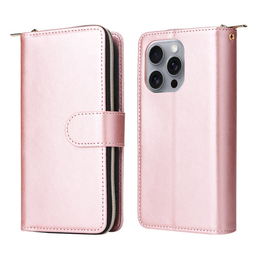 For iPhone 16 Pro Max 9 Card Slots Zipper Wallet Bag Leather Phone Case(Rose Gold) by buy2fix