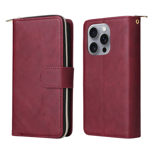 For iPhone 16 Pro Max 9 Card Slots Zipper Wallet Bag Leather Phone Case(Wine Red) by buy2fix