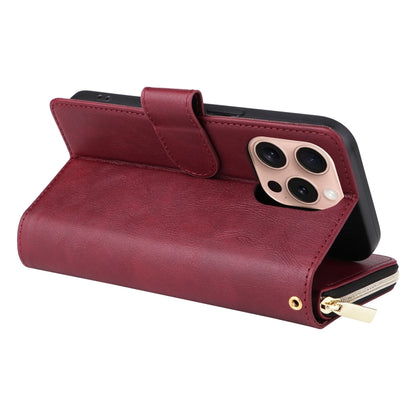 For iPhone 16 Pro 9 Card Slots Zipper Wallet Bag Leather Phone Case(Wine Red) - iPhone 16 Pro Cases by buy2fix | Online Shopping UK | buy2fix