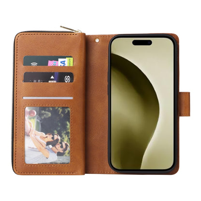 For iPhone 16 Pro 9 Card Slots Zipper Wallet Bag Leather Phone Case(Brown) - iPhone 16 Pro Cases by buy2fix | Online Shopping UK | buy2fix