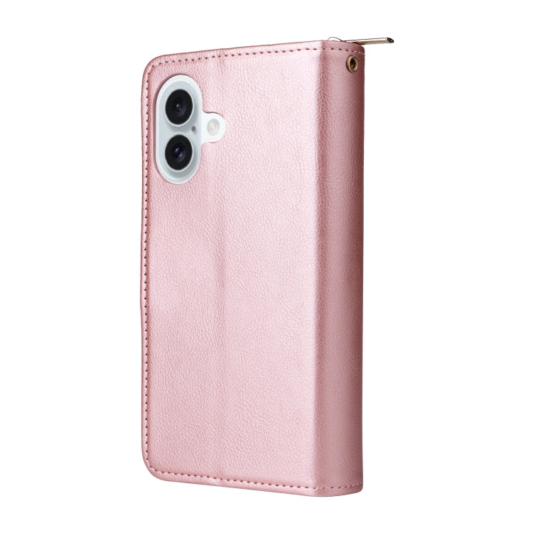 For iPhone 16 Plus 9 Card Slots Zipper Wallet Bag Leather Phone Case(Rose Gold) - iPhone 16 Plus Cases by buy2fix | Online Shopping UK | buy2fix