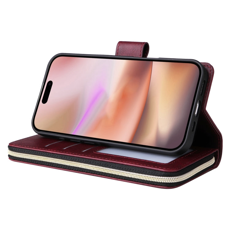 For iPhone 16 Plus 9 Card Slots Zipper Wallet Bag Leather Phone Case(Wine Red) - iPhone 16 Plus Cases by buy2fix | Online Shopping UK | buy2fix