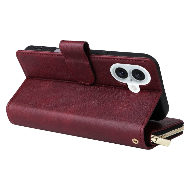 For iPhone 16 Plus 9 Card Slots Zipper Wallet Bag Leather Phone Case(Wine Red) - iPhone 16 Plus Cases by buy2fix | Online Shopping UK | buy2fix