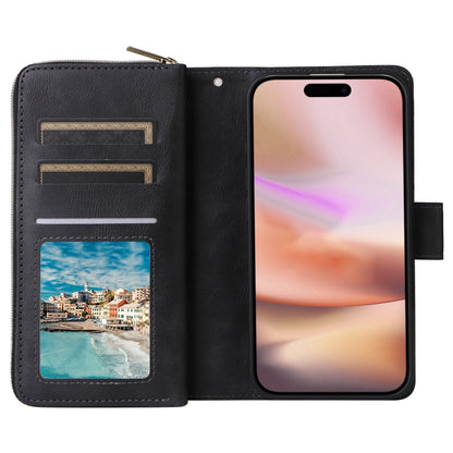 For iPhone 16 Plus 9 Card Slots Zipper Wallet Bag Leather Phone Case(Black) - iPhone 16 Plus Cases by buy2fix | Online Shopping UK | buy2fix