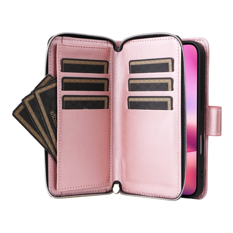 For iPhone 16 9 Card Slots Zipper Wallet Bag Leather Phone Case(Rose Gold) - iPhone 16 Cases by buy2fix | Online Shopping UK | buy2fix