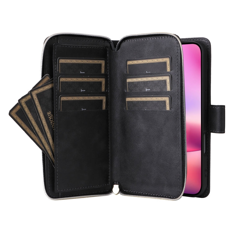 For iPhone 16 9 Card Slots Zipper Wallet Bag Leather Phone Case(Black) - iPhone 16 Cases by buy2fix | Online Shopping UK | buy2fix