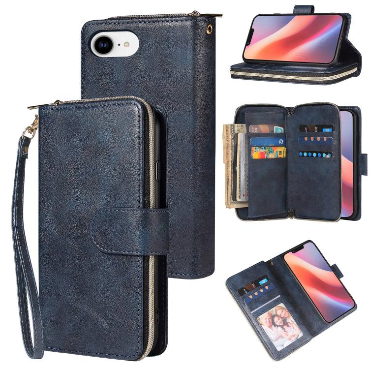 For iPhone 16e 9 Card Slots Zipper Wallet Bag Leather Phone Case(Blue) - iPhone 16e Cases by buy2fix | Online Shopping UK | buy2fix