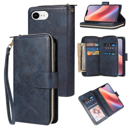 For iPhone 16e 9 Card Slots Zipper Wallet Bag Leather Phone Case(Blue) - iPhone 16e Cases by buy2fix | Online Shopping UK | buy2fix