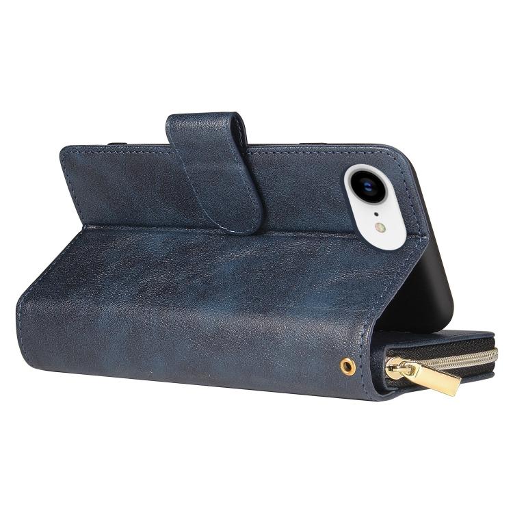For iPhone 16e 9 Card Slots Zipper Wallet Bag Leather Phone Case(Blue) - iPhone 16e Cases by buy2fix | Online Shopping UK | buy2fix