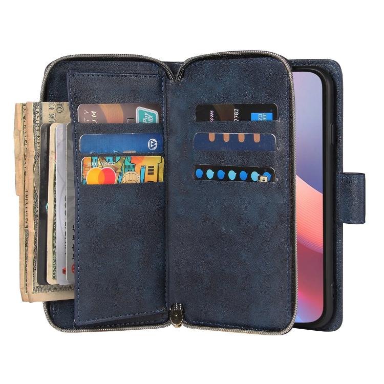 For iPhone 16e 9 Card Slots Zipper Wallet Bag Leather Phone Case(Blue) - iPhone 16e Cases by buy2fix | Online Shopping UK | buy2fix