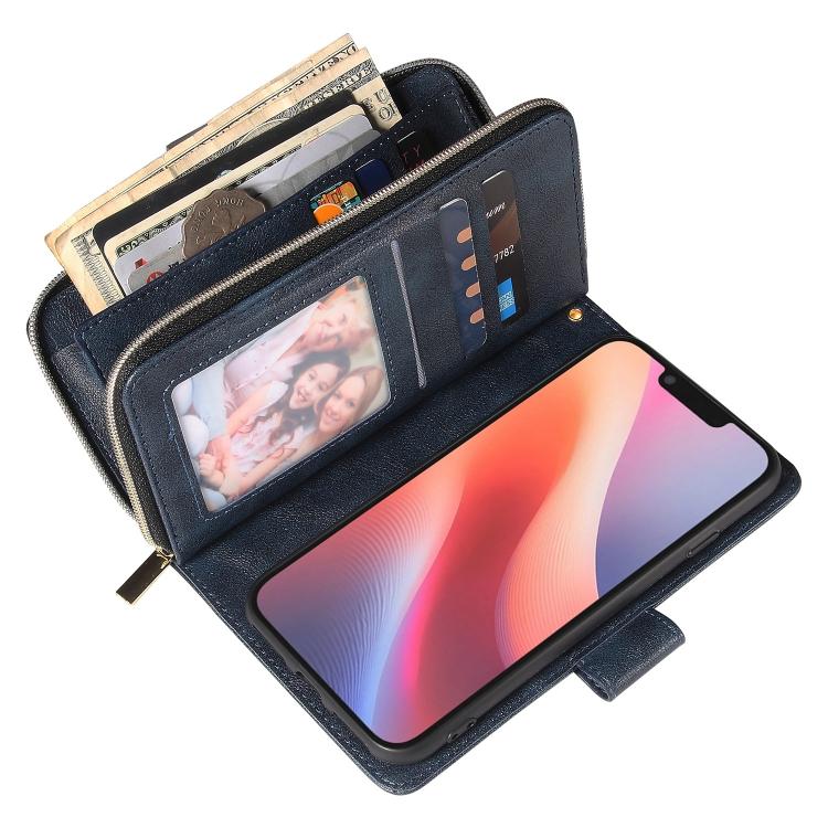 For iPhone 16e 9 Card Slots Zipper Wallet Bag Leather Phone Case(Blue) - iPhone 16e Cases by buy2fix | Online Shopping UK | buy2fix