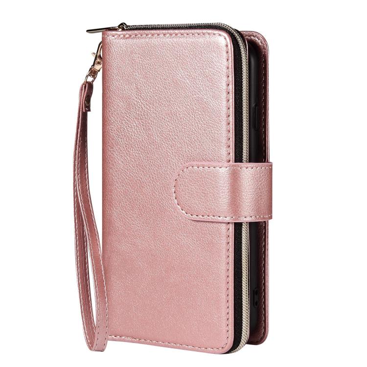 For iPhone 16e 9 Card Slots Zipper Wallet Bag Leather Phone Case(Rose Gold) - iPhone 16e Cases by buy2fix | Online Shopping UK | buy2fix