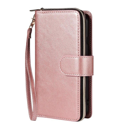 For iPhone 16e 9 Card Slots Zipper Wallet Bag Leather Phone Case(Rose Gold) - iPhone 16e Cases by buy2fix | Online Shopping UK | buy2fix