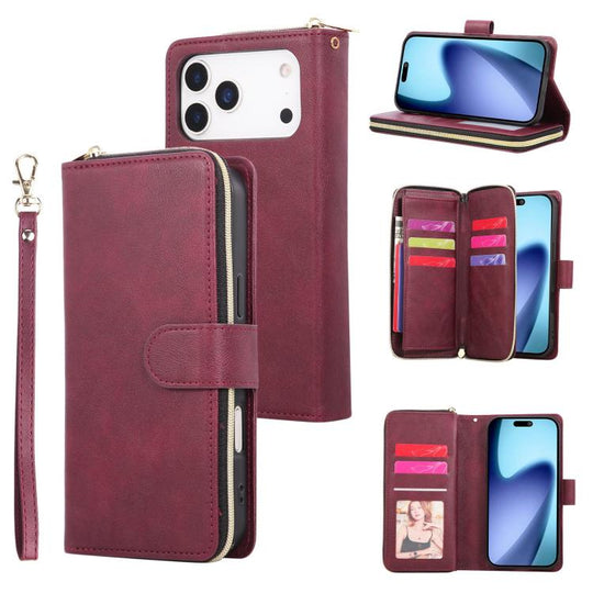 For iPhone 18 Pro Max / 17 Pro Max 9 Card Slots Zipper Wallet Bag Leather Phone Case(Wine Red)