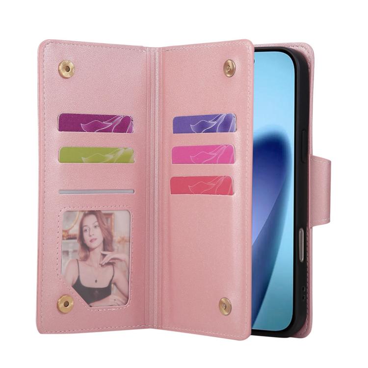 For iPhone Air Rivet Buckle 9 Cards Three Fold Leather Phone Case(Rose Gold) - iPhone Air Cases by buy2fix | Online Shopping UK | buy2fix