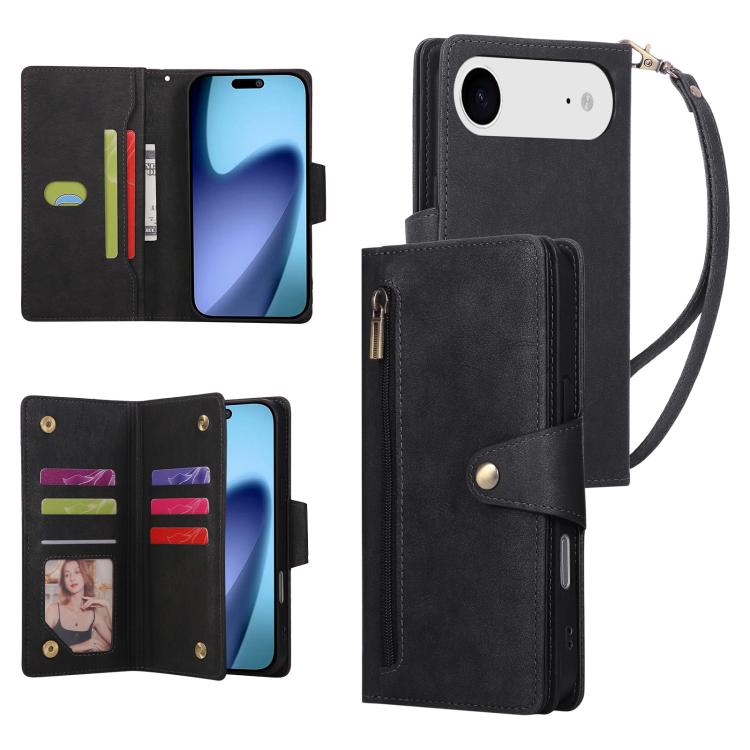 For iPhone Air Rivet Buckle 9 Cards Three Fold Leather Phone Case(Black) - iPhone Air Cases by buy2fix | Online Shopping UK | buy2fix