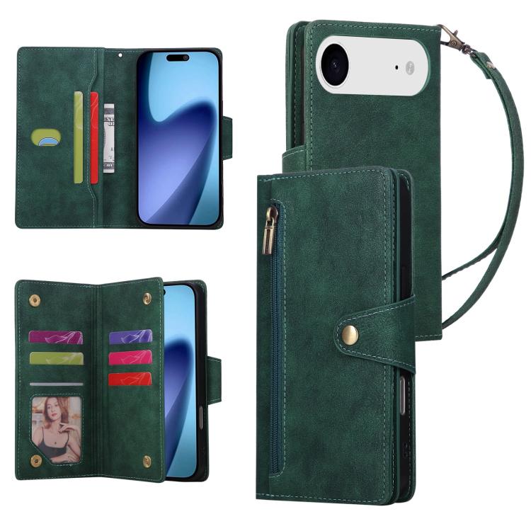 For iPhone Air Rivet Buckle 9 Cards Three Fold Leather Phone Case(Green) - iPhone Air Cases by buy2fix | Online Shopping UK | buy2fix