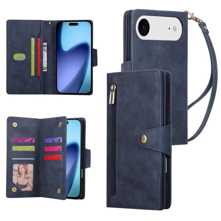 For iPhone Air Rivet Buckle 9 Cards Three Fold Leather Phone Case(Blue) - iPhone Air Cases by buy2fix | Online Shopping UK | buy2fix