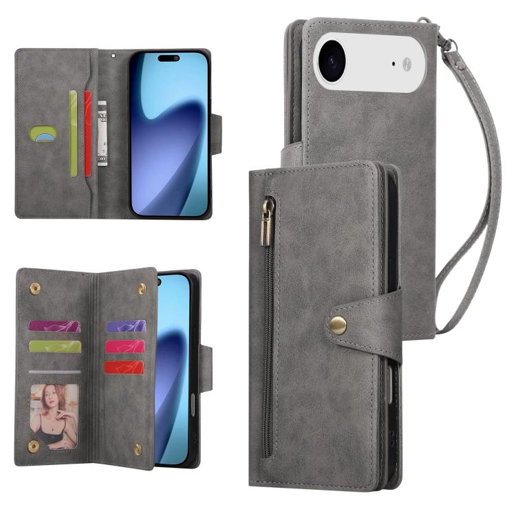 For iPhone Air Rivet Buckle 9 Cards Three Fold Leather Phone Case(Grey) - iPhone Air Cases by buy2fix | Online Shopping UK | buy2fix