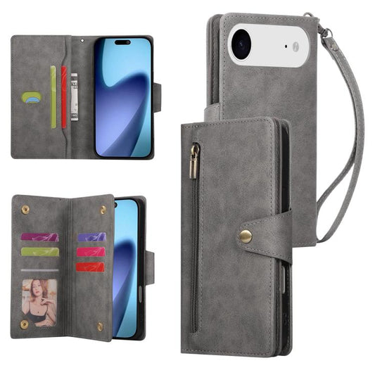 For iPhone Air Rivet Buckle 9 Cards Three Fold Leather Phone Case(Grey) - iPhone Air Cases by buy2fix | Online Shopping UK | buy2fix