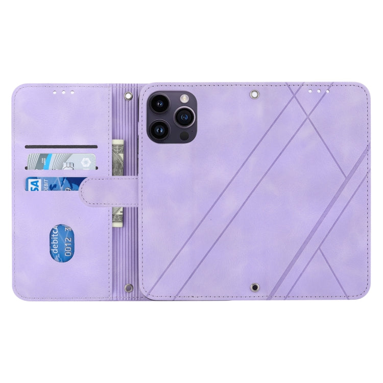 For iPhone 16 Pro Max Embossed Line Leather Phone Case with Lanyard(Purple) - iPhone 16 Pro Max Cases by buy2fix | Online Shopping UK | buy2fix