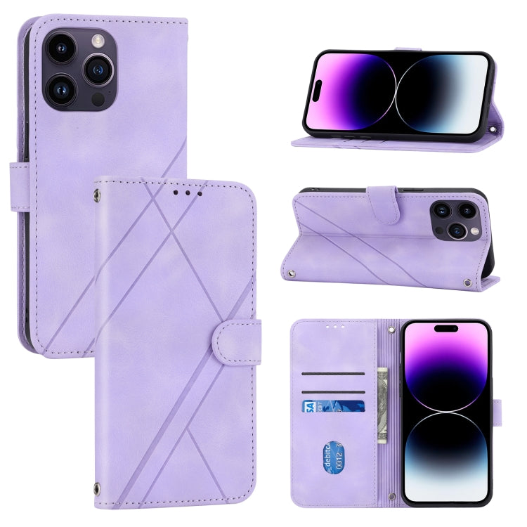 For iPhone 16 Pro Embossed Line Leather Phone Case with Lanyard(Purple) - iPhone 16 Pro Cases by buy2fix | Online Shopping UK | buy2fix