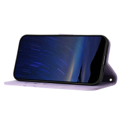 For iPhone 16e Embossed Line Leather Phone Case with Lanyard(Purple) by buy2fix