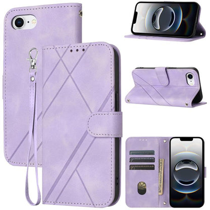 For iPhone 16e Embossed Line Leather Phone Case with Lanyard(Purple) by buy2fix