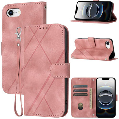For iPhone 16e Embossed Line Leather Phone Case with Lanyard(Pink) by buy2fix