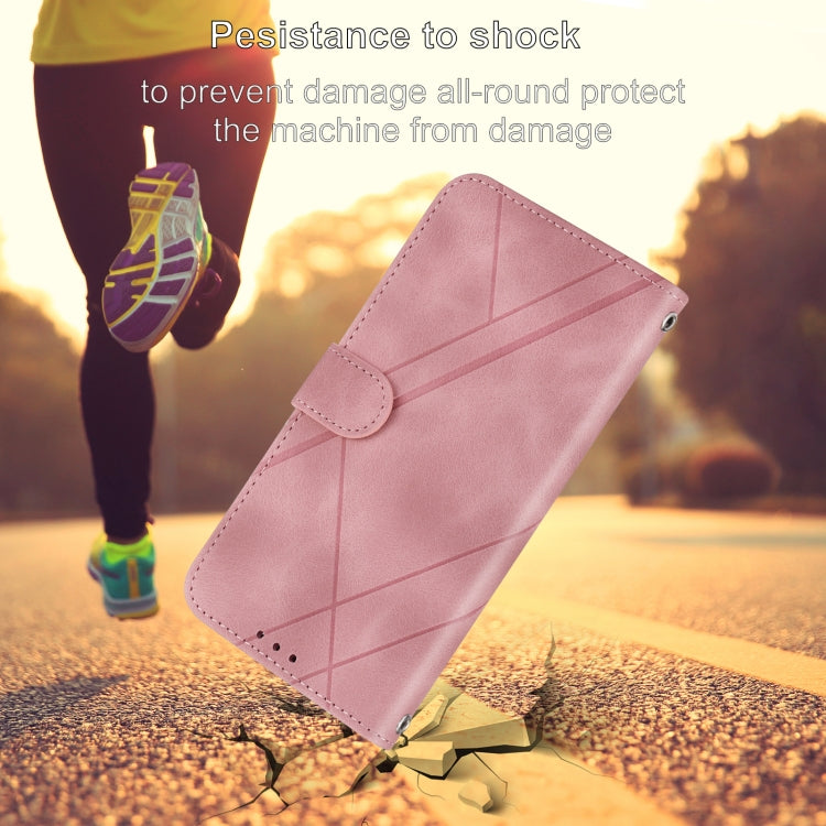 For iPhone 16e Embossed Line Leather Phone Case with Lanyard(Pink) by buy2fix