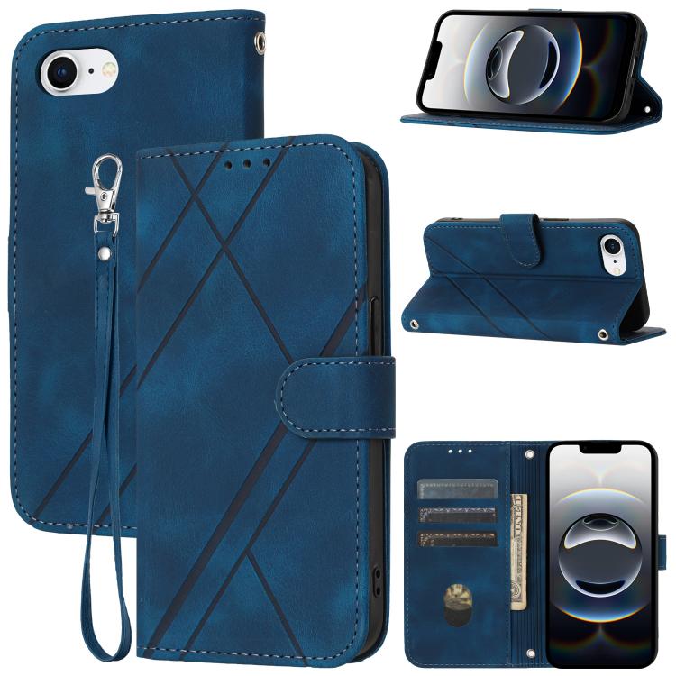 For iPhone 16e Embossed Line Leather Phone Case with Lanyard(Blue) by buy2fix