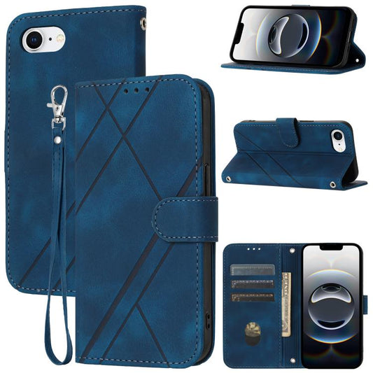 For iPhone 16e Embossed Line Leather Phone Case with Lanyard(Blue) by buy2fix