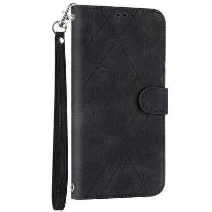 For iPhone 16e Embossed Line Leather Phone Case with Lanyard(Black) by buy2fix