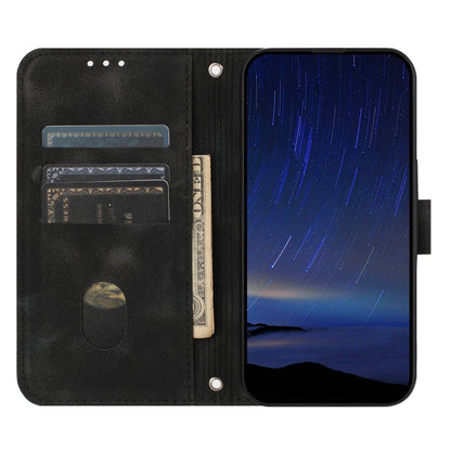 For iPhone 16e Embossed Line Leather Phone Case with Lanyard(Black) by buy2fix