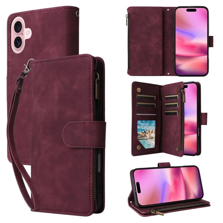For iPhone 16 Crossbody Multi-card Slot Wallet Zipper Leather Phone Case(Wine Red) by buy2fix