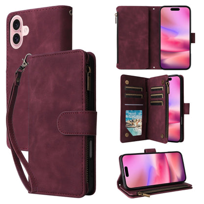 For iPhone 16 Crossbody Multi-card Slot Wallet Zipper Leather Phone Case(Wine Red) by buy2fix