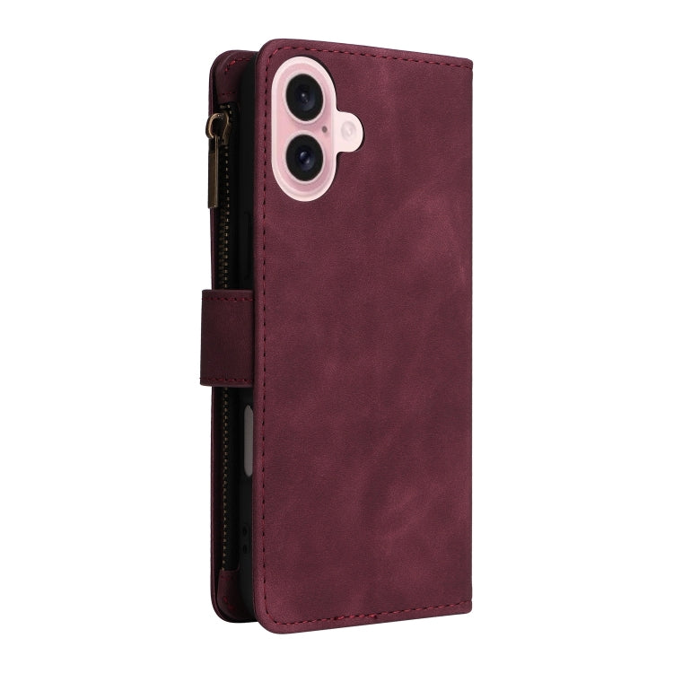 For iPhone 16 Crossbody Multi-card Slot Wallet Zipper Leather Phone Case(Wine Red) by buy2fix