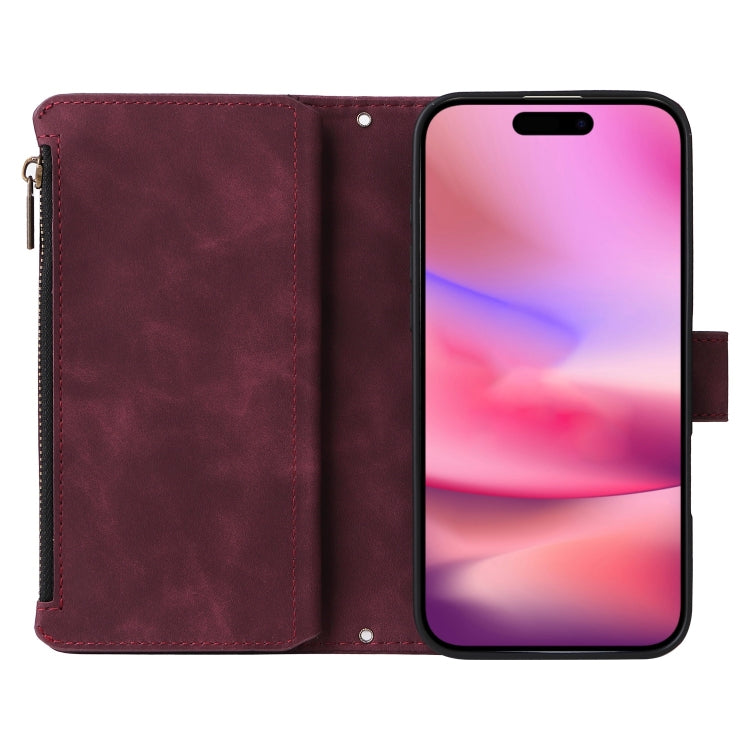 For iPhone 16 Crossbody Multi-card Slot Wallet Zipper Leather Phone Case(Wine Red) by buy2fix