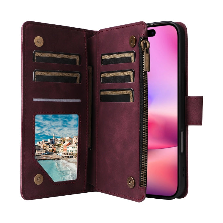 For iPhone 16 Crossbody Multi-card Slot Wallet Zipper Leather Phone Case(Wine Red) by buy2fix