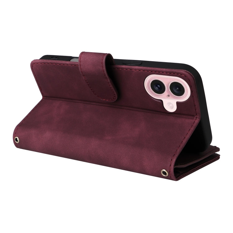 For iPhone 16 Crossbody Multi-card Slot Wallet Zipper Leather Phone Case(Wine Red) by buy2fix