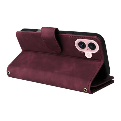 For iPhone 16 Crossbody Multi-card Slot Wallet Zipper Leather Phone Case(Wine Red) by buy2fix