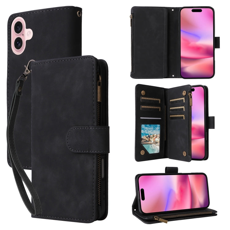 For iPhone 16 Crossbody Multi-card Slot Wallet Zipper Leather Phone Case(Black) by buy2fix