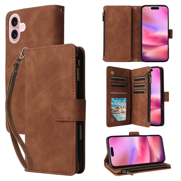 For iPhone 16 Crossbody Multi-card Slot Wallet Zipper Leather Phone Case(Brown) - iPhone 16 Cases by buy2fix | Online Shopping UK | buy2fix