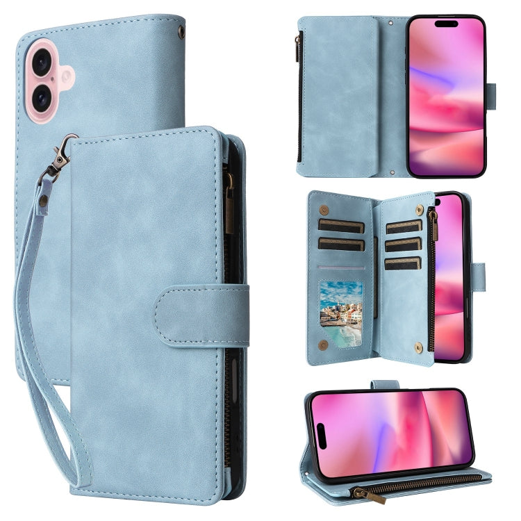 For iPhone 16 Crossbody Multi-card Slot Wallet Zipper Leather Phone Case(Light Blue) - iPhone 16 Cases by buy2fix | Online Shopping UK | buy2fix