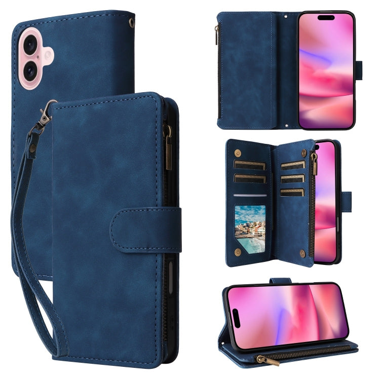 For iPhone 16 Plus Crossbody Multi-card Slot Wallet Zipper Leather Phone Case(Dark Blue) by buy2fix