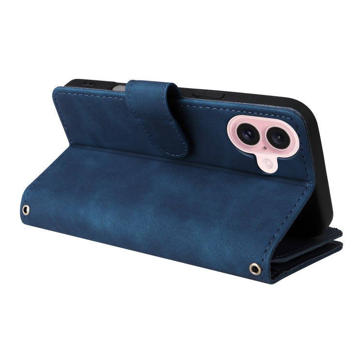 For iPhone 16 Plus Crossbody Multi-card Slot Wallet Zipper Leather Phone Case(Dark Blue) by buy2fix